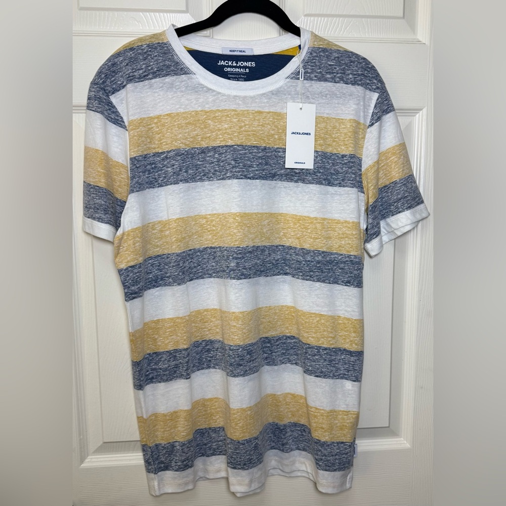 Jack & Jones Men's Short Sleeve Striped Tee - White, Yellow, Gray